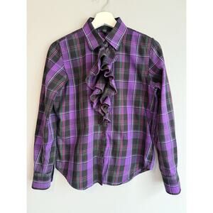 Lauren Ralph Lauren Petite Top PM Purple Plaid Ruffle Button Up Dark Academia